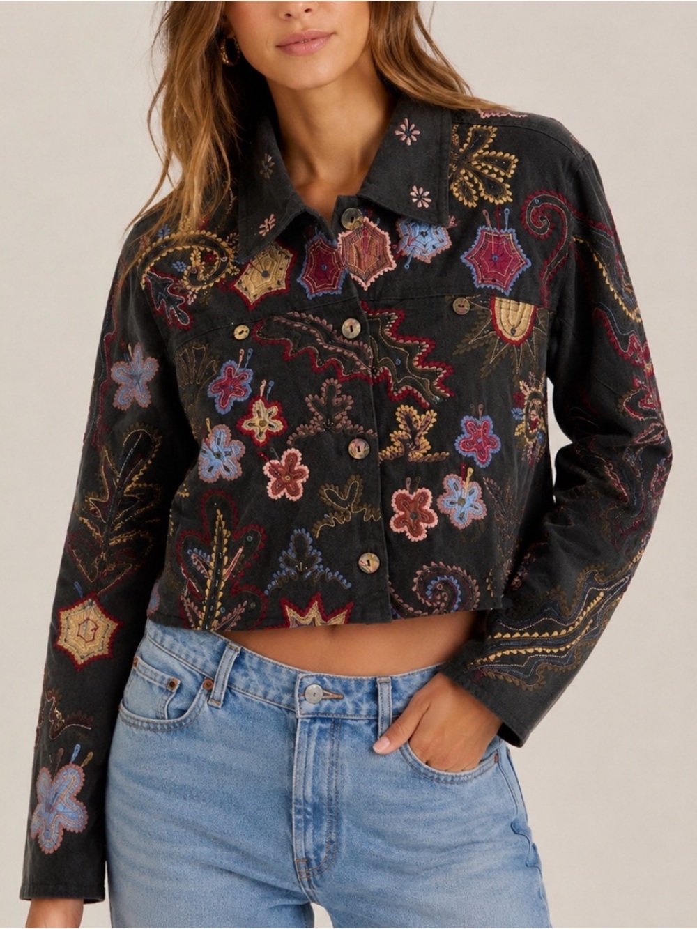 YAKMAGIK Black Cropped Jean Jacket with Multicolor Embroidery